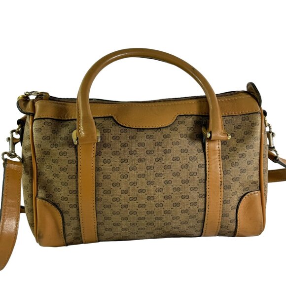 70's GUCCI Beige Canvas Tan Leather Micro GG Monogram Satchel Made in Italy - Picture 10 of 15
